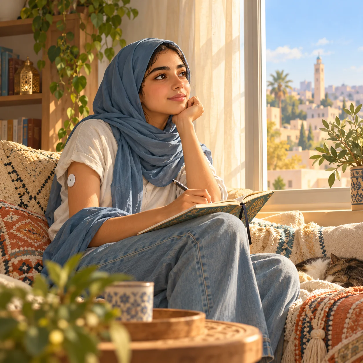 شابة تكتب في دفتر قرب نافذة مضيئة