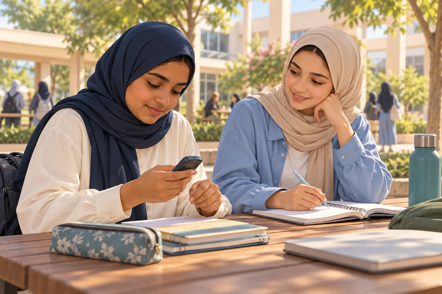 زميلتان مختلفتان في الملامح تجلسان إلى طاولة مدرسية وتراجع إحداهما جهاز قياس السكر